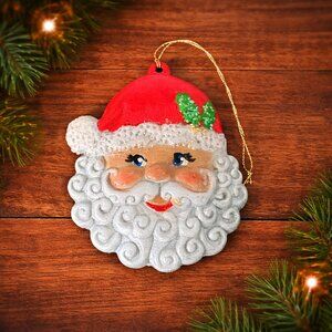 Vintage Santa Face Christmas Ornament Hand Painted